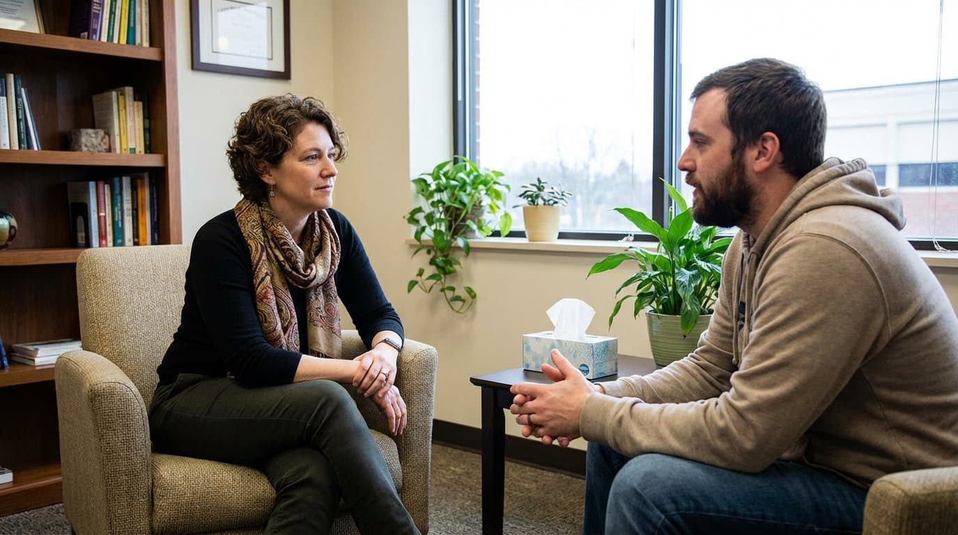 Two people in a therapy session discussing something