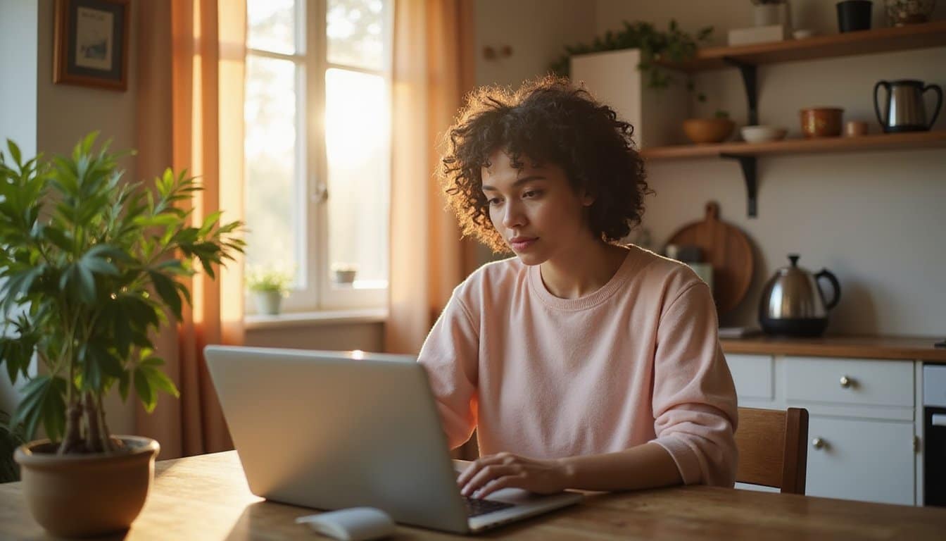 Person browsing a recovery support website from a warm, quiet kitchen space