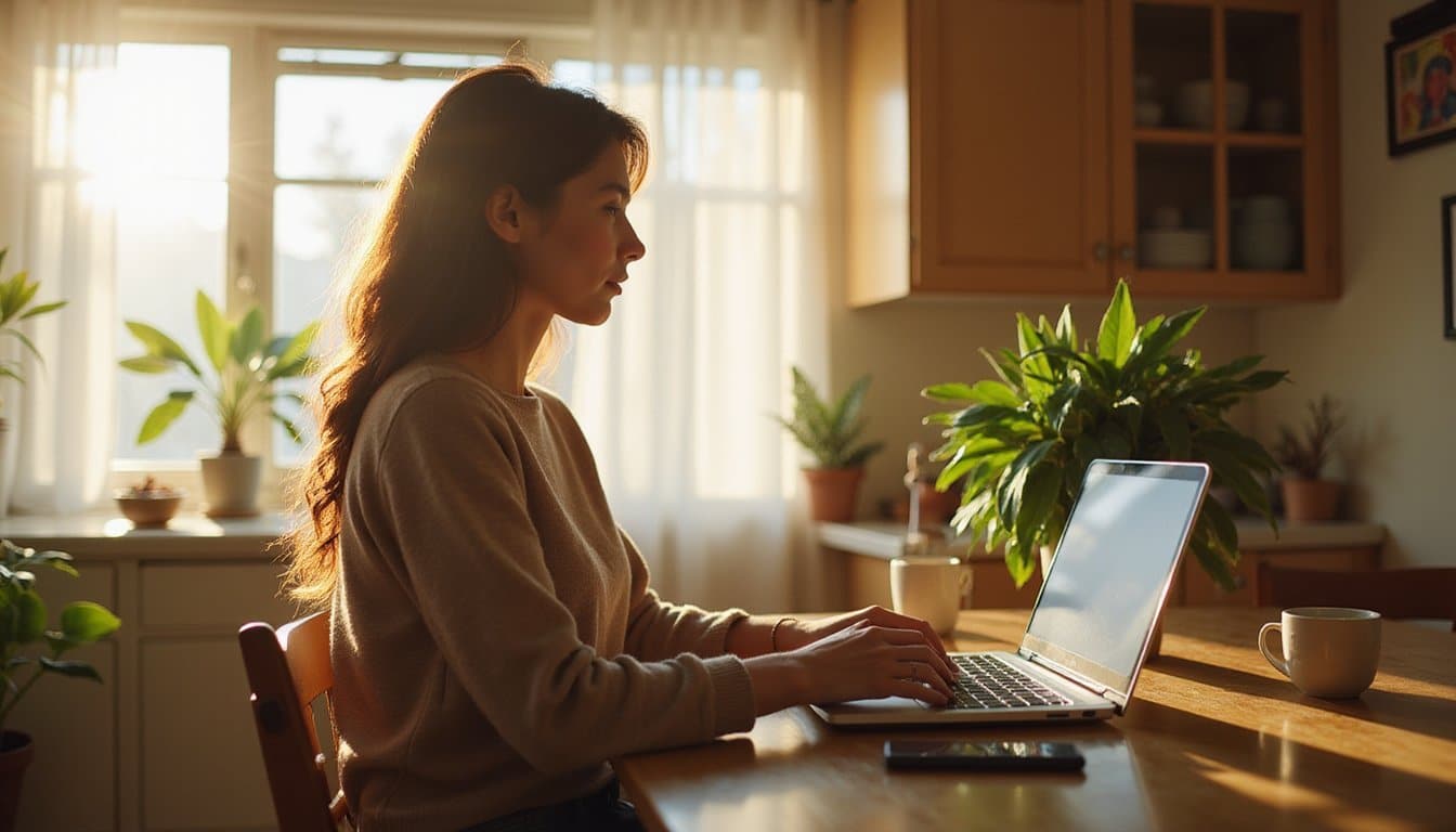 Person quietly using a laptop to look for treatment resources in the morning