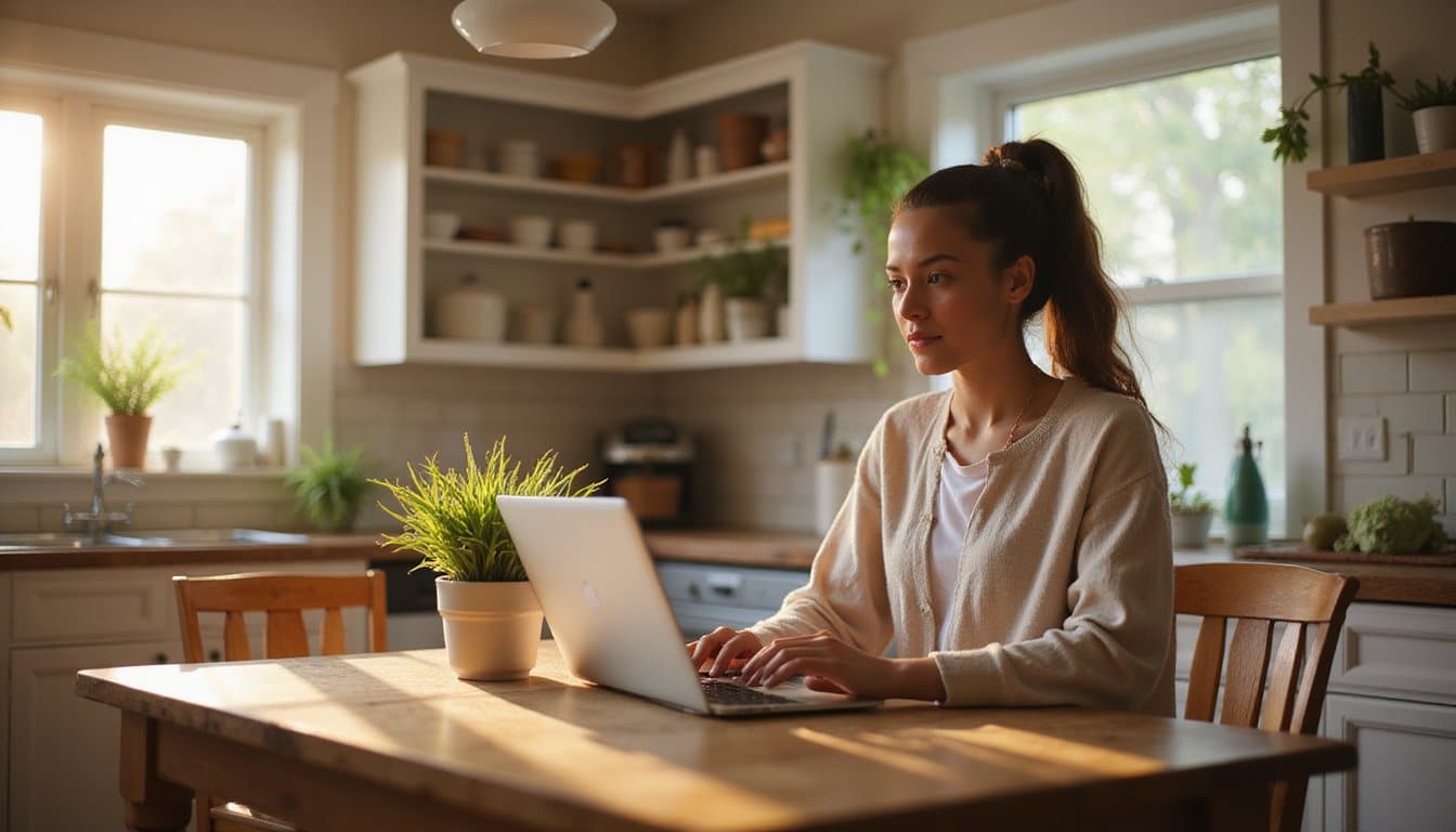 Person in a peaceful kitchen using a laptop to seek support services