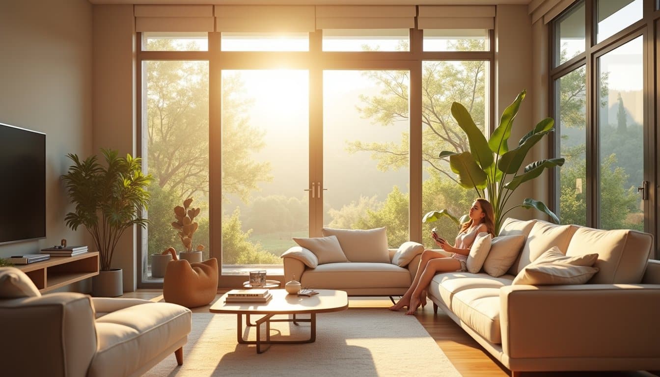 Person relaxing on a sectional sofa in a contemporary room with indoor plants and natural light.