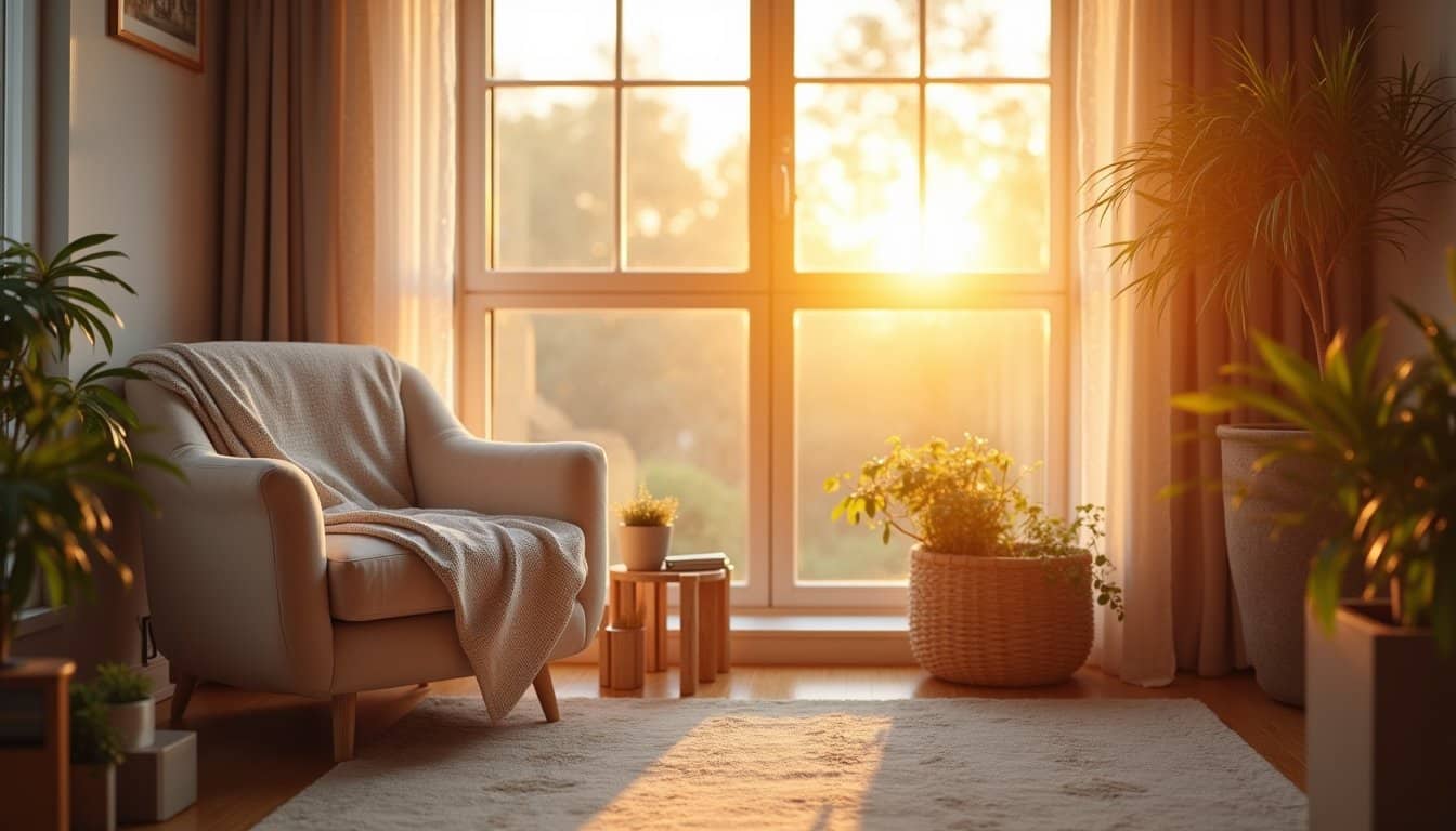Cozy corner with an upholstered armchair and potted plants by sunlit windows.