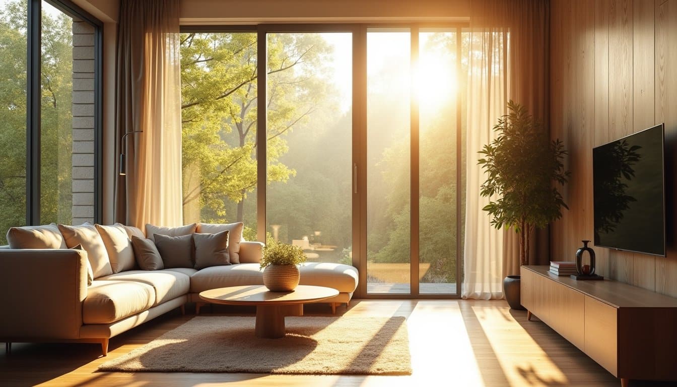 Bright interior featuring indoor plants and expansive garden views through glass doors.