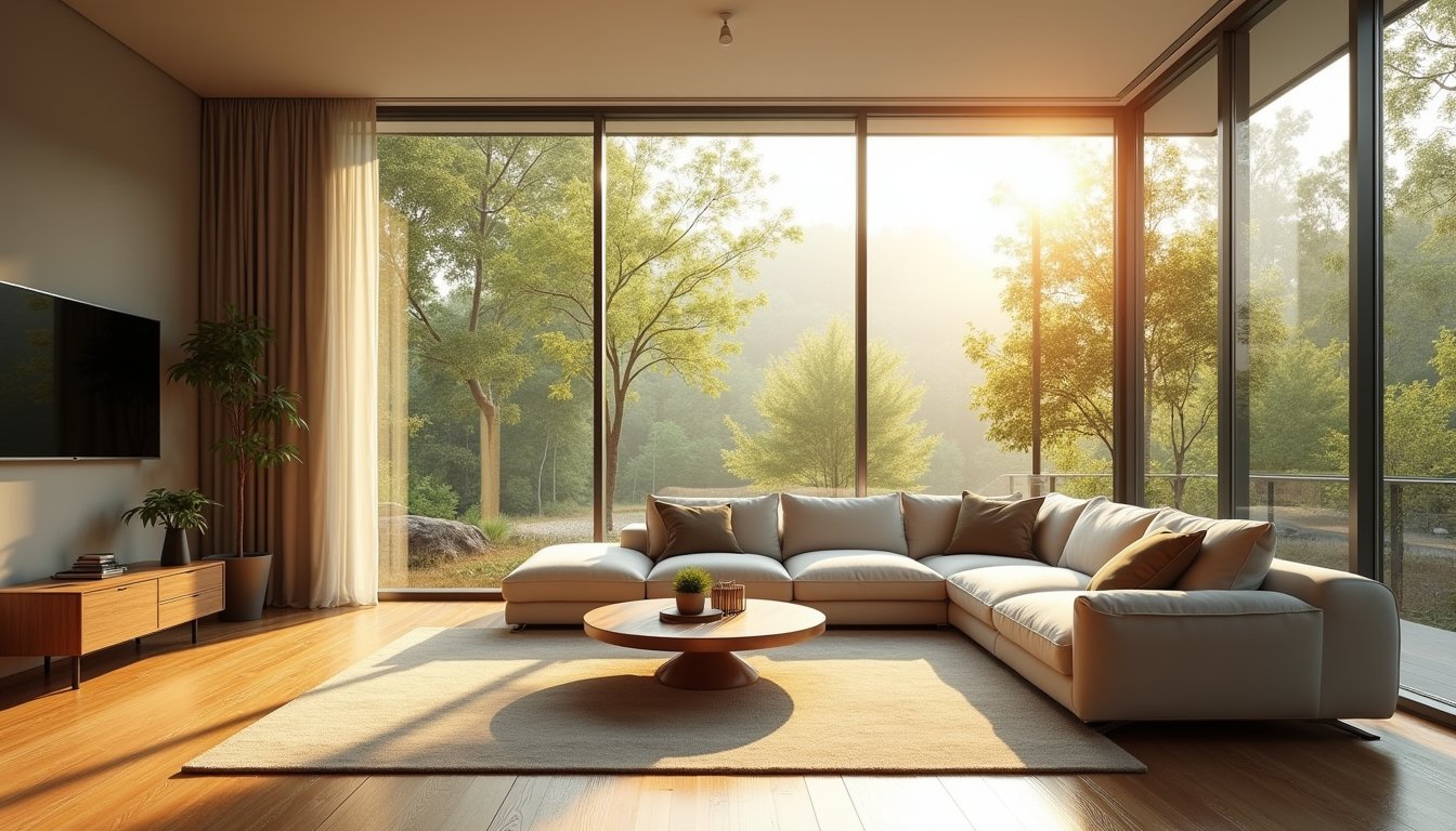 Minimalist living area with large windows, potted plants, and soft neutral decor.