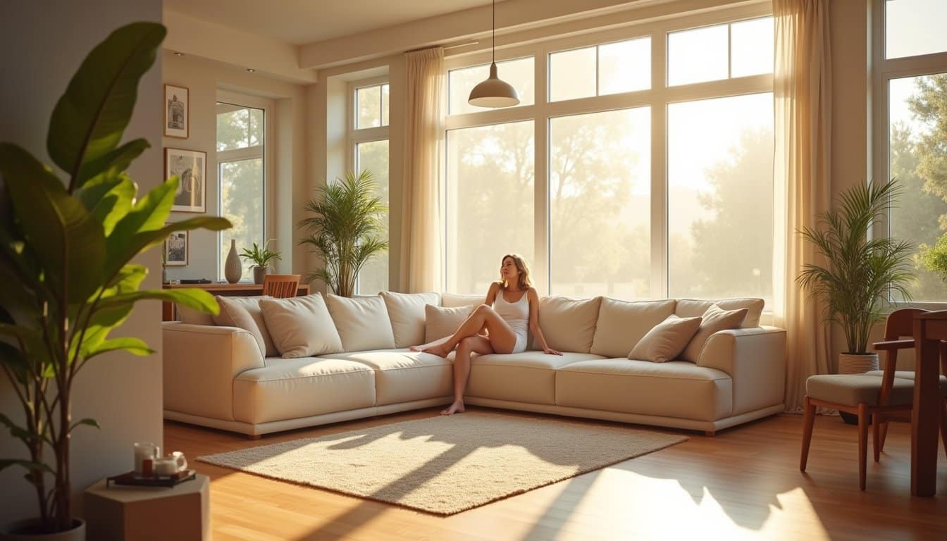 Modern living room with a person reclining on a sectional as sunlight streams inside.