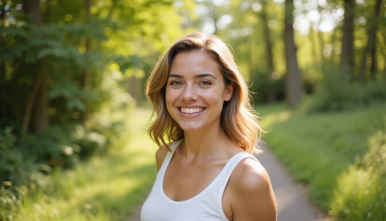 Person smiling in a peaceful outdoor setting with fresh air and natural light