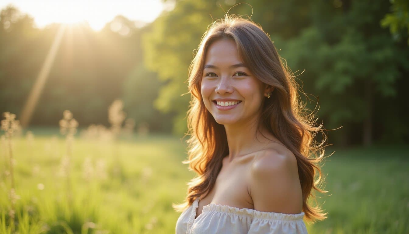 Smiling person standing outside in a bright and uplifting natural environment