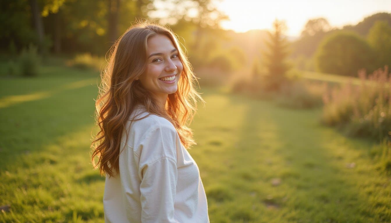 Relaxed individual smiling in a green outdoor space with natural light