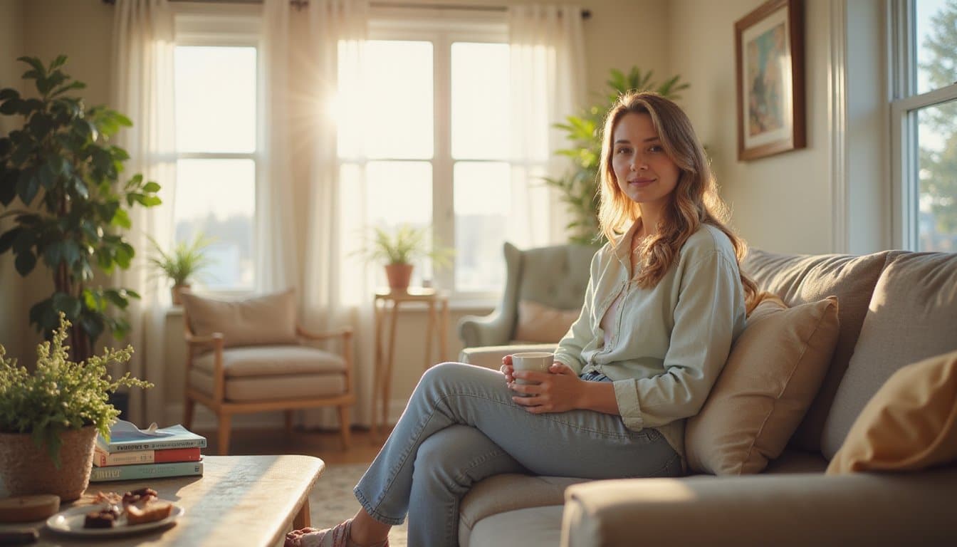 Person lounging on a sofa in a modern, cozy living room