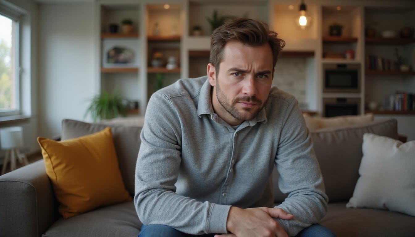 Adult sitting on sofa, home indoor setting, drained facial expression